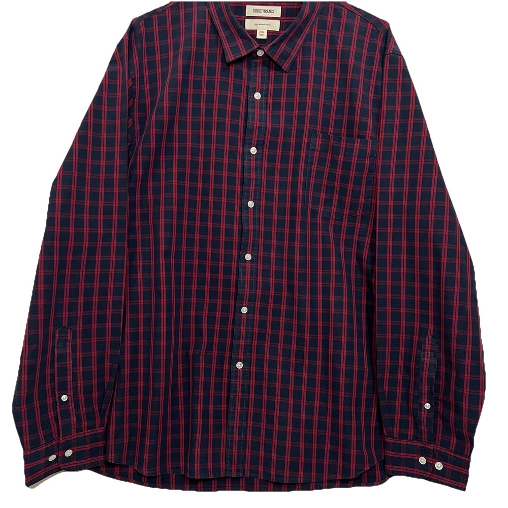 GOODTHREADS Men Red Navy Plaid Button Up Long Sleeve Shirt XXXL Slim Fit